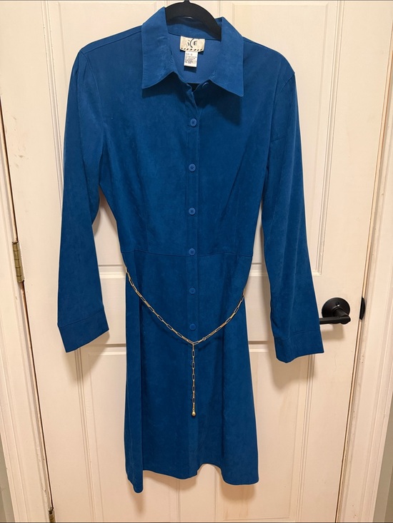 Ice Dresses & Skirts - iCE Brand Vintage Teal Blue Button-Front Long Sleeve Dress with Chain Belt - 10
